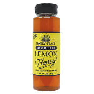 HONEY FEAST Organic Lemon Honey 12oz | Raw Unfiltered Honey Infused with Florida Organic Lemon Zest | Perfect for Tea, Gourmet Dishes & Unique Gifts