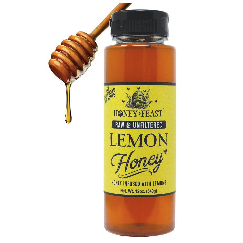 HONEY FEAST Organic Lemon Honey 12oz | Raw Unfiltered Honey Infused with Florida Organic Lemon Zest | Perfect for Tea, Gourmet Dishes & Unique Gifts