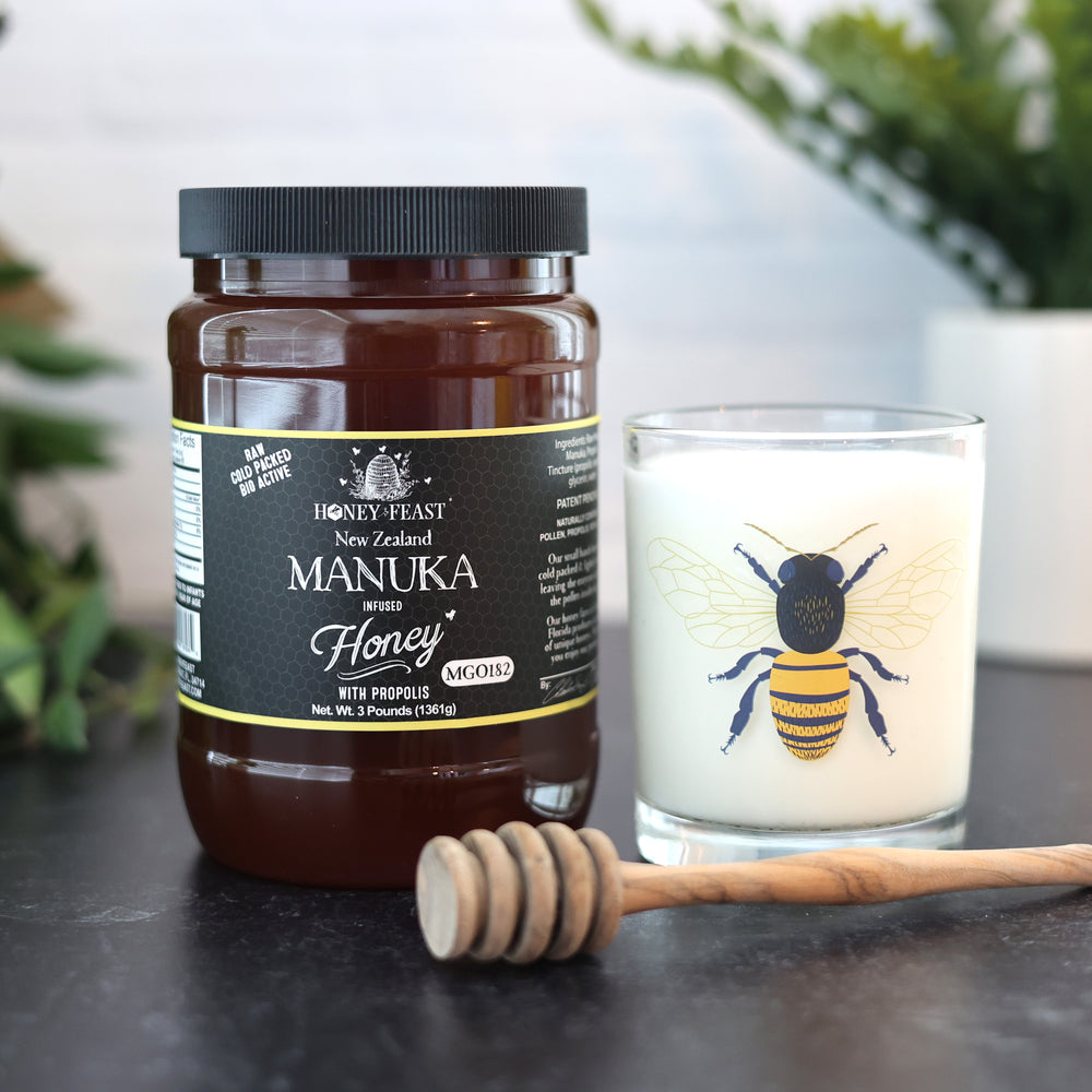 HONEY FEAST Propolis Infused Raw Manuka Honey | New Zealand Manuka Honey Blend with Propolis | Bulk Honey | MGO182 | Patent Pending Formula | 3lb Jar