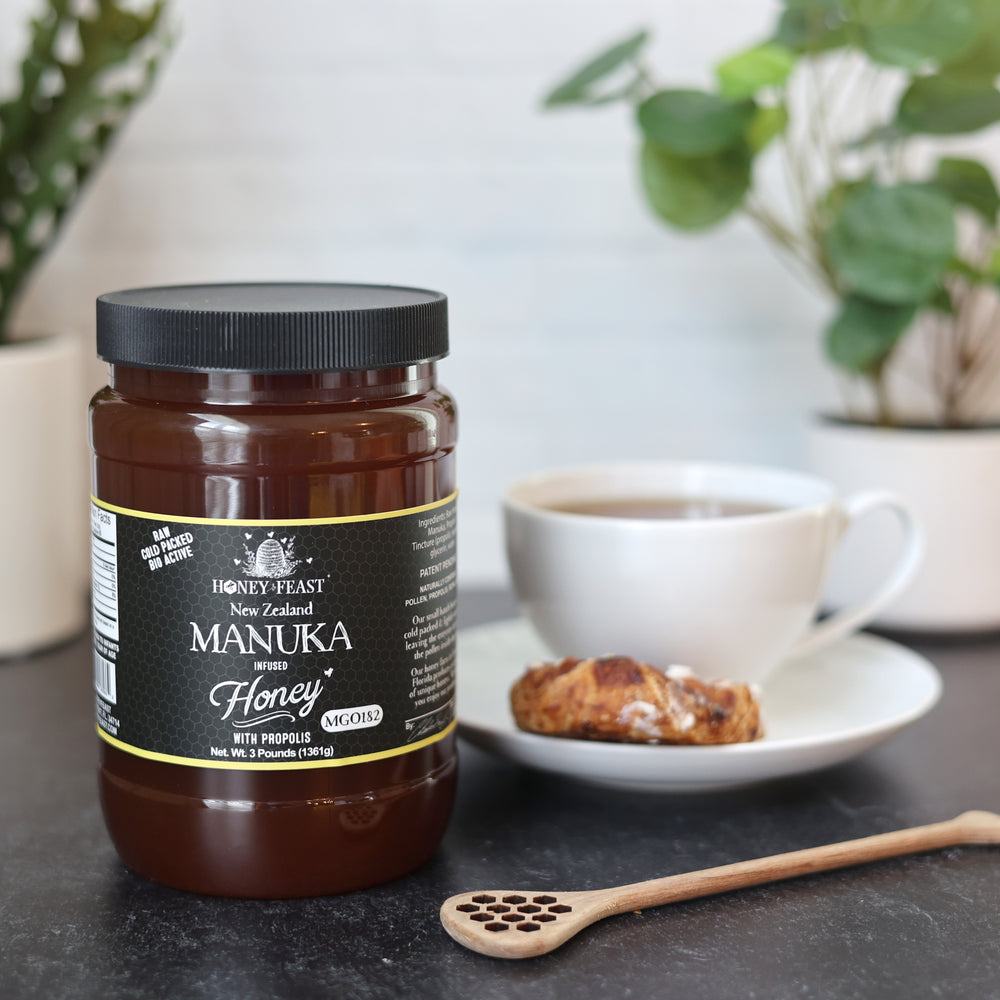 HONEY FEAST Propolis Infused Raw Manuka Honey | New Zealand Manuka Honey Blend with Propolis | Bulk Honey | MGO182 | Patent Pending Formula | 3lb Jar
