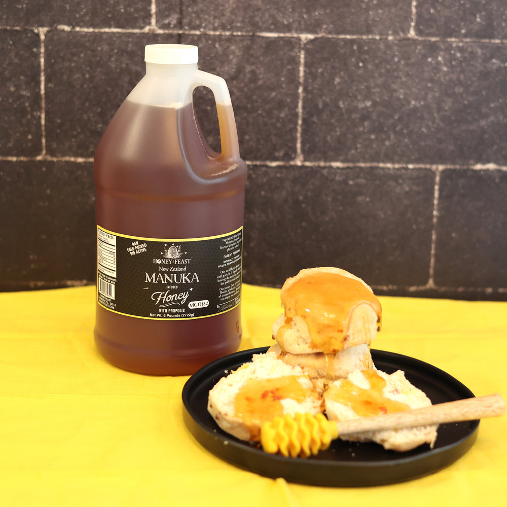 
            
                Load image into Gallery viewer, HONEY FEAST Propolis Infused Raw Manuka Honey | New Zealand Manuka Honey Blend with Propolis | Bulk Honey | MGO182 | Patent Pending Formula | 6lb Jar
            
        