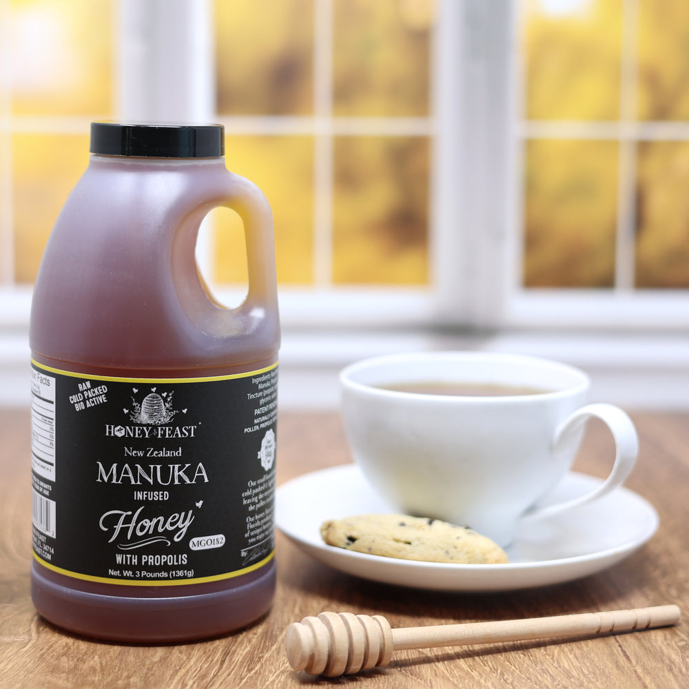 HONEY FEAST Propolis Infused Raw Manuka Honey | New Zealand Manuka Honey Blend with Propolis | Bulk Honey | MGO182 | Patent Pending Formula | 3lb Jar