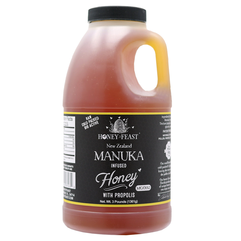 HONEY FEAST Propolis Infused Raw Manuka Honey | New Zealand Manuka Honey Blend with Propolis | Bulk Honey | MGO182 | Patent Pending Formula | 3lb Jar