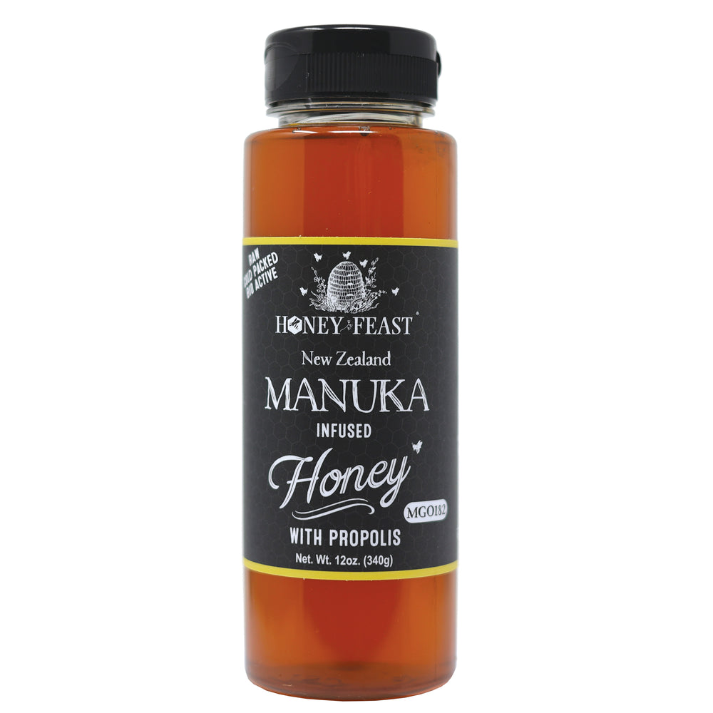 HONEY FEAST New Zealand Manuka Infused Honey with Propolis 12oz - Raw Manuka Honey, Patent Pending Formula, MGO182 Rating, Manuka Honey New Zealand