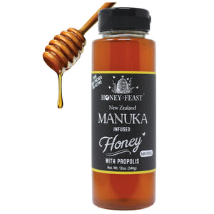 HONEY FEAST New Zealand Manuka Infused Honey with Propolis 12oz - Raw Manuka Honey, Patent Pending Formula, MGO182 Rating, Manuka Honey New Zealand