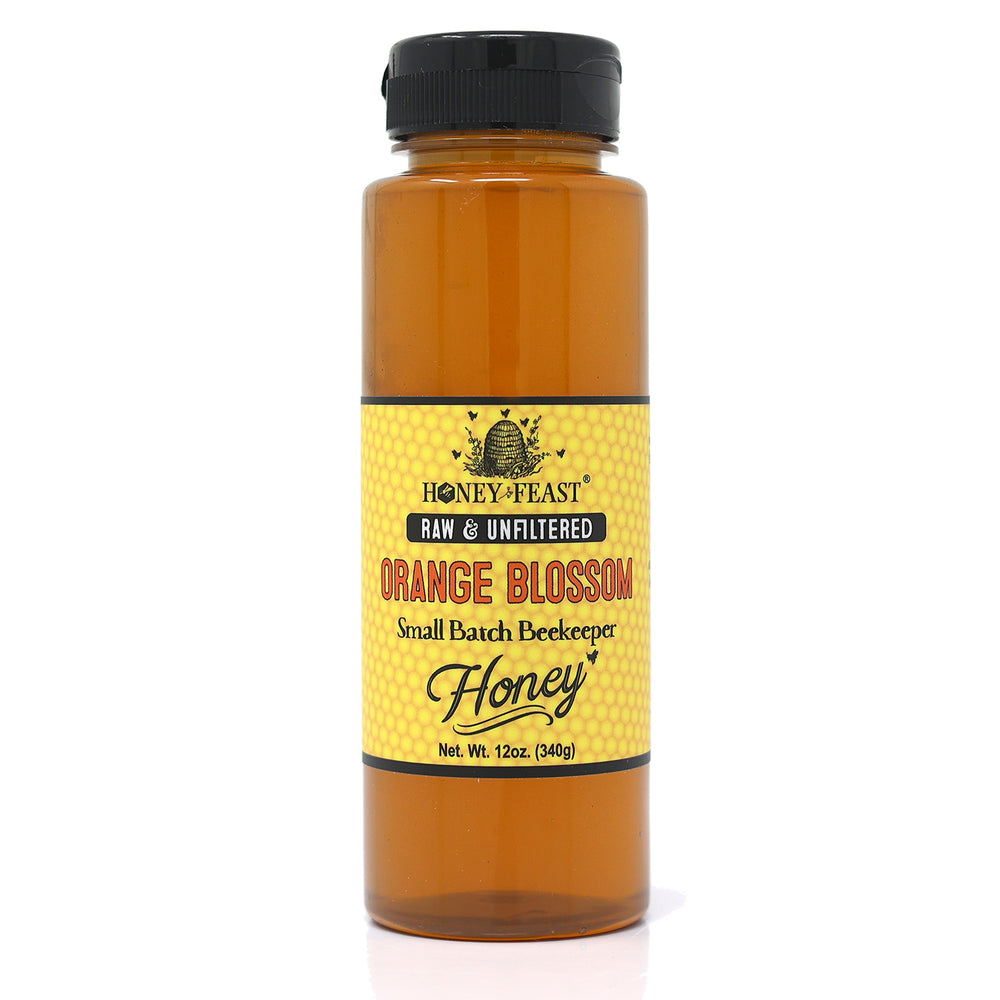 HONEY FEAST Raw Orange Blossom Honey - 12oz Pure, Natural, Unfiltered Honey from Oranges, Gourmet Citrus Honey, Perfect Food Gift Idea