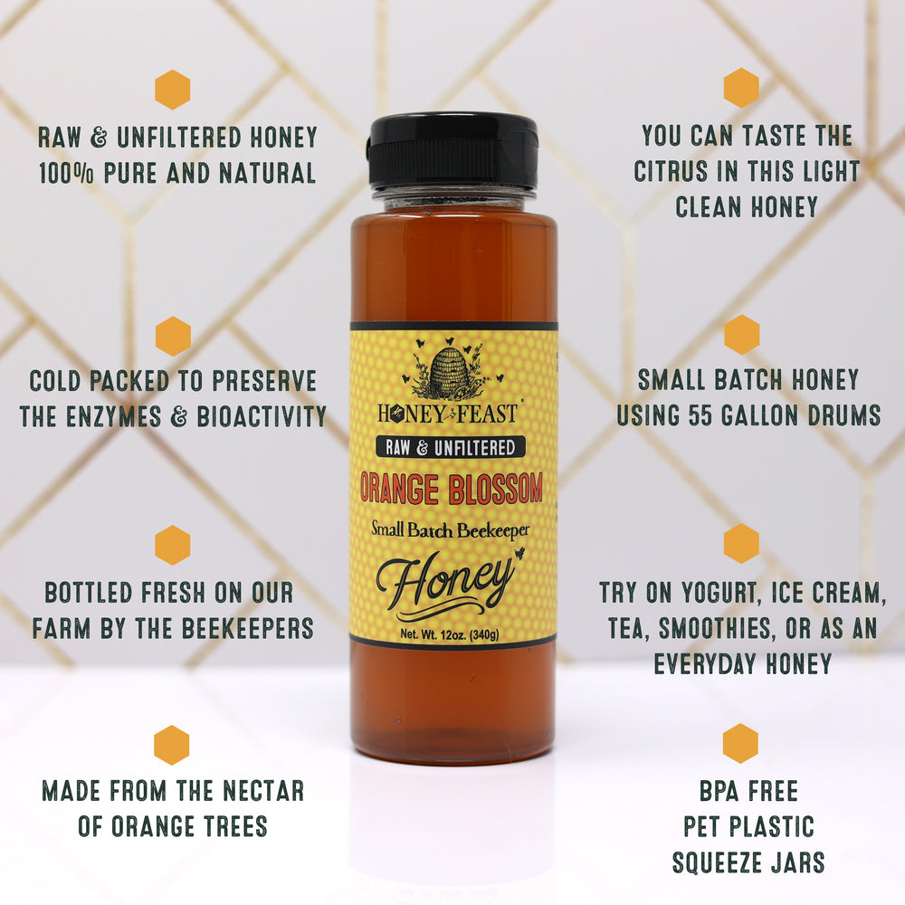 HONEY FEAST Bulk Raw Orange Blossom Honey - 12oz Jars, Pack of 6 | Natural, Pure Citrus Honey | More Value in Every Case