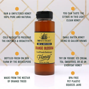 HONEY FEAST Raw Orange Blossom Honey - 12oz Pure, Natural, Unfiltered Honey from Oranges, Gourmet Citrus Honey, Perfect Food Gift Idea