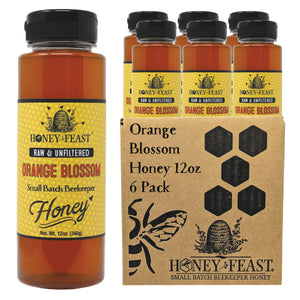 HONEY FEAST Bulk Raw Orange Blossom Honey - 12oz Jars, Pack of 6 | Natural, Pure Citrus Honey | More Value in Every Case