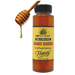 HONEY FEAST Raw Orange Blossom Honey - 12oz Pure, Natural, Unfiltered Honey from Oranges, Gourmet Citrus Honey, Perfect Food Gift Idea