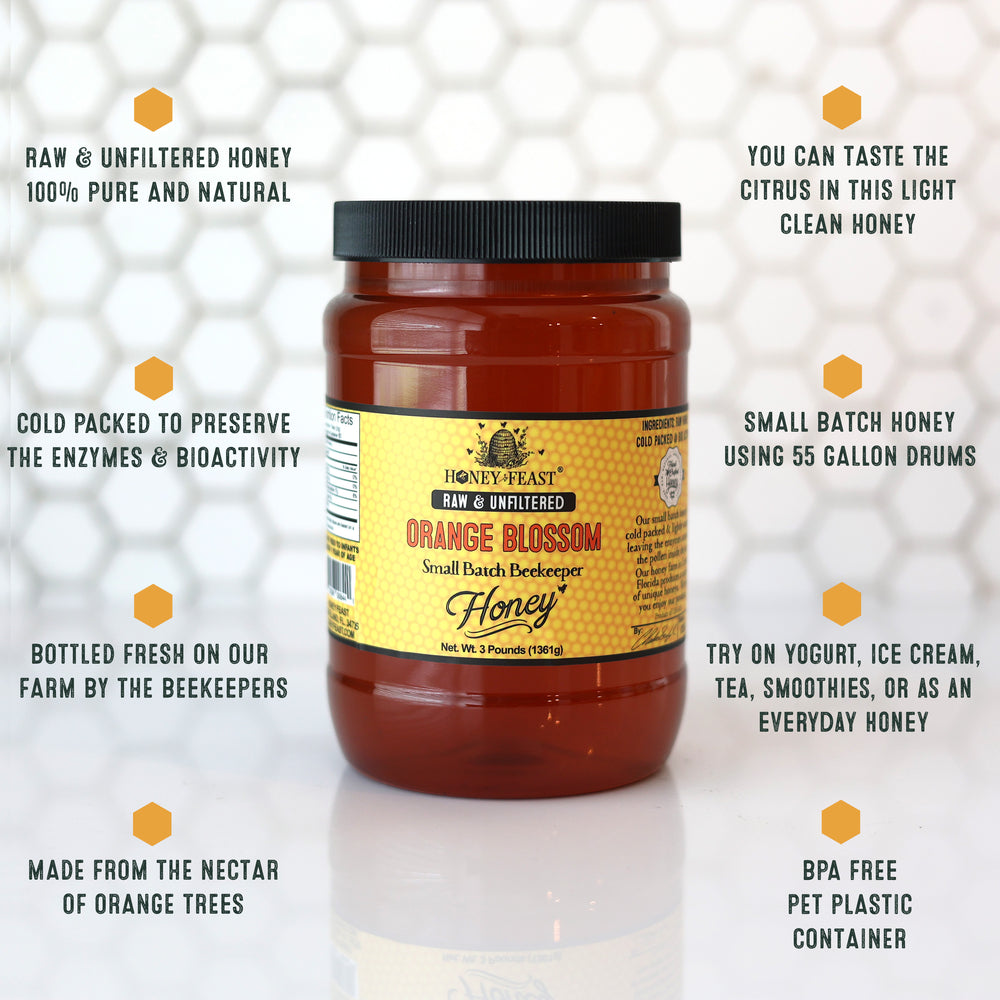 
            
                Load image into Gallery viewer, HONEY FEAST Orange Blossom Honey - Raw Unfiltered Honey from Oranges, 100% Pure Raw Orange Blossom Honey, 3lb Gourmet Citrus Honey, All Natural Food Gift Idea
            
        