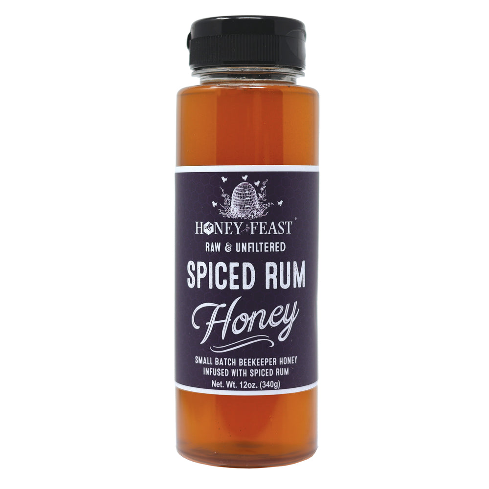 HONEY FEAST Spiced Rum Honey | Flavored Honey | Unique Foodie Gift | Alternative to Bourbon Honey | Great for Cooking & Baking | 12oz