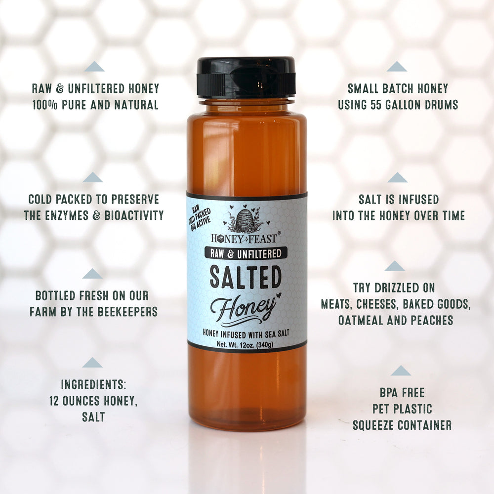 
            
                Load image into Gallery viewer, HONEY FEAST Salty Honey for Cooking &amp;amp; Toppings | Flavored Honey Condiments  | Gourmet Taste in a 12oz Jar
            
        