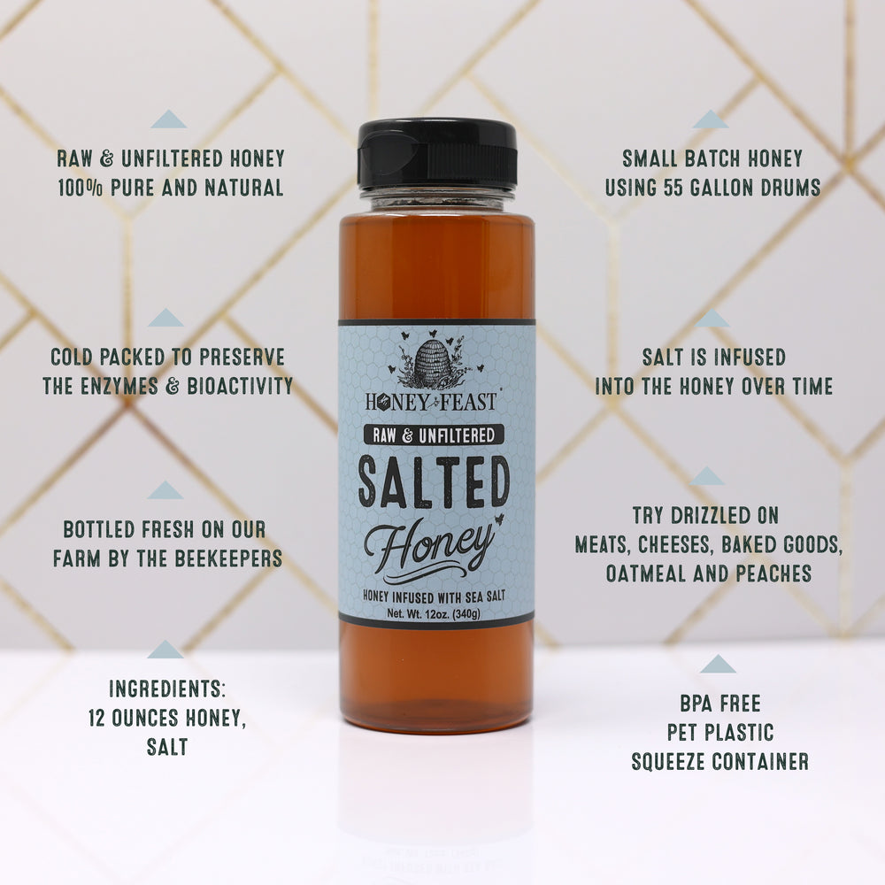 HONEY FEAST 6-Pack 12oz Salted Honey - Artisanal Infused Honey for Culinary Use & Toppings | Gourmet Flavored Honey Set