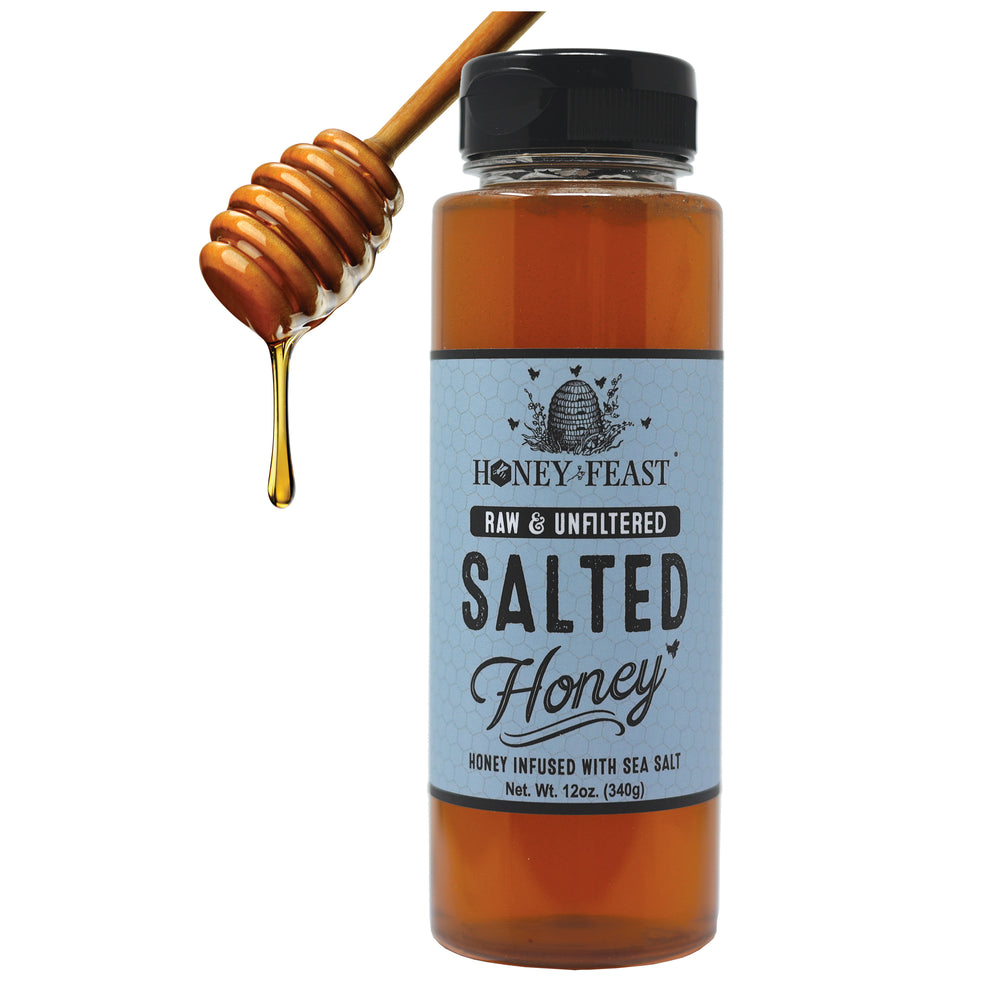 HONEY FEAST 6-Pack 12oz Salted Honey - Artisanal Infused Honey for Culinary Use & Toppings | Gourmet Flavored Honey Set