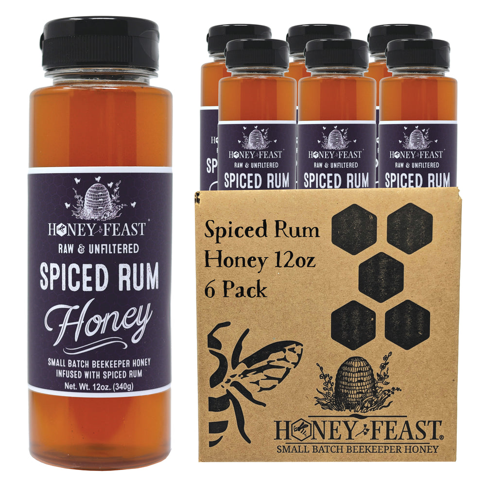 HONEY FEAST 6-pack Spiced Rum Honey 12oz jars | Multi-Pack Flavored Honey | Unique Gourmet Gift | Bourbon Honey Alternative | Ideal for Culinary Arts