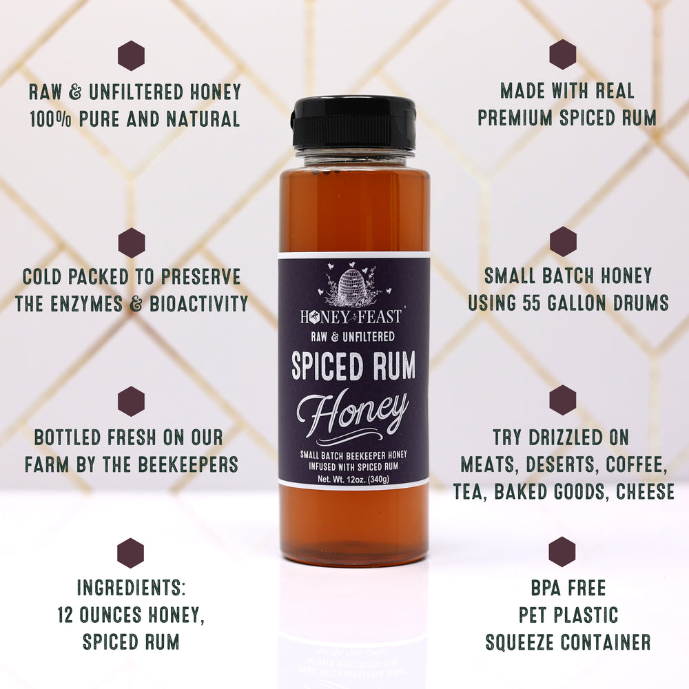 HONEY FEAST 6-pack Spiced Rum Honey 12oz jars | Multi-Pack Flavored Honey | Unique Gourmet Gift | Bourbon Honey Alternative | Ideal for Culinary Arts