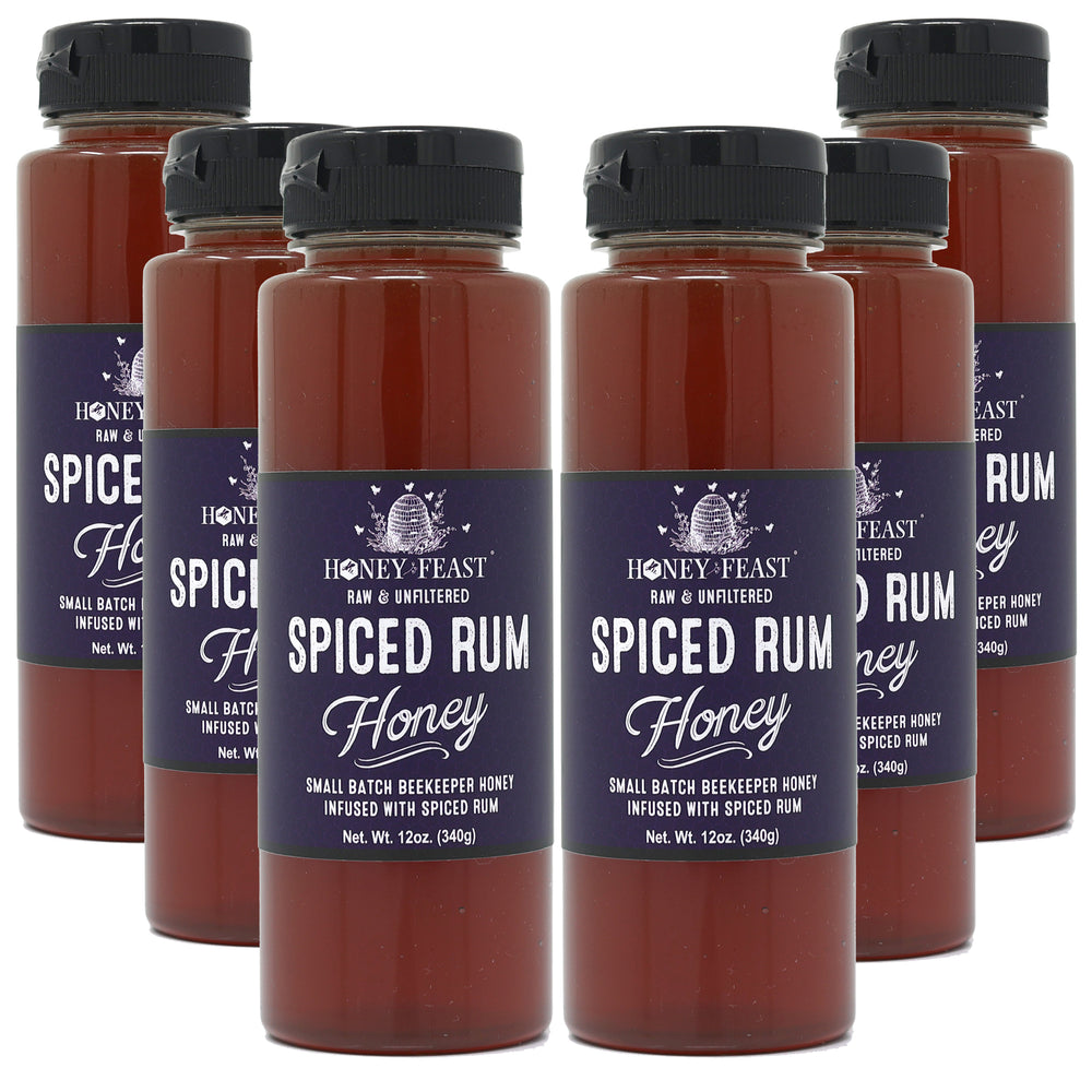 HONEY FEAST 6-pack Spiced Rum Honey 12oz jars | Multi-Pack Flavored Honey | Unique Gourmet Gift | Bourbon Honey Alternative | Ideal for Culinary Arts
