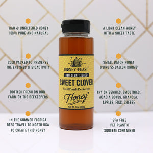 HONEY FEAST Sweet Clover Honey - 12oz Jar | Pure, Raw & Unfiltered | Authentic Honey for Connoisseurs