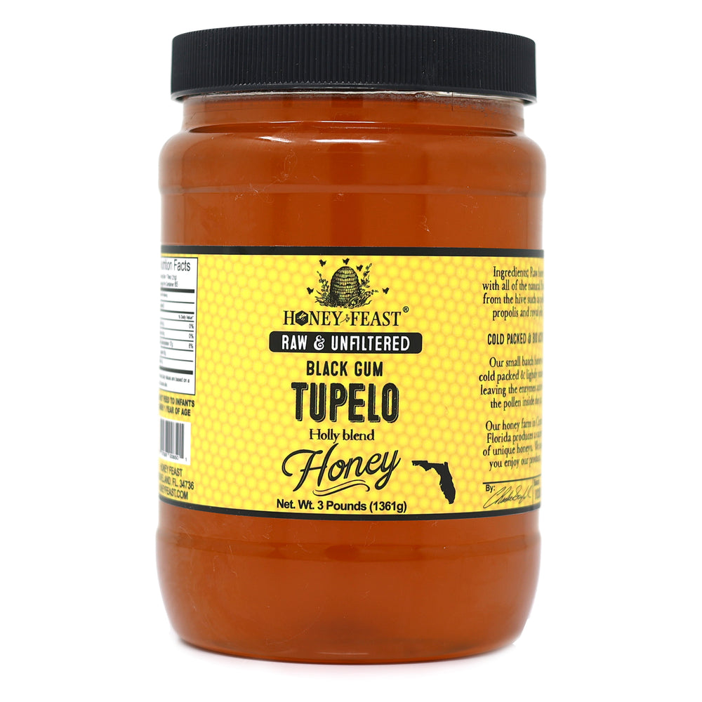 Honey Feast Tupelo Honey - 3lb Black Gum Tupelo & Holly Blend, Raw Honey Bulk, Pure Honey 🍯🐝
