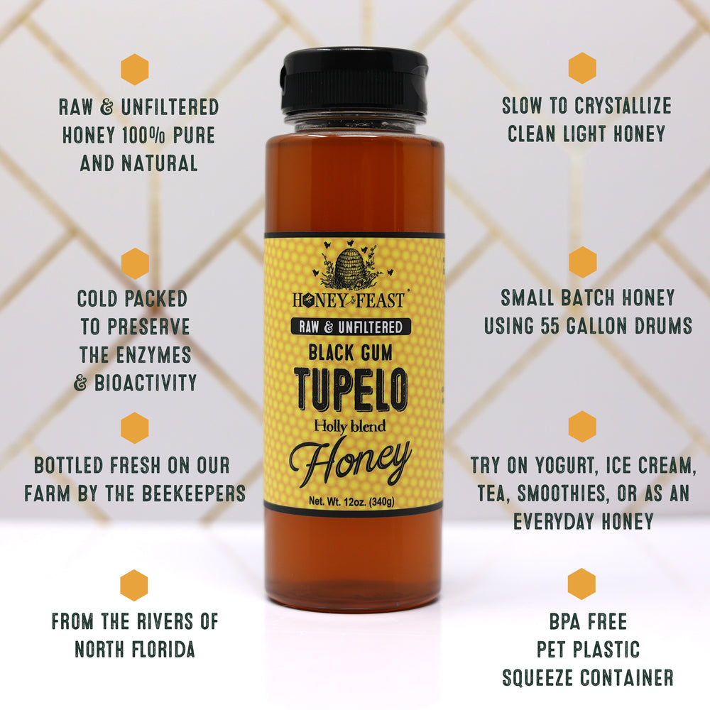 Honey Feast Tupelo Honey - 12oz Black Gum Tupelo & Holly Blend, Pure Raw Honey