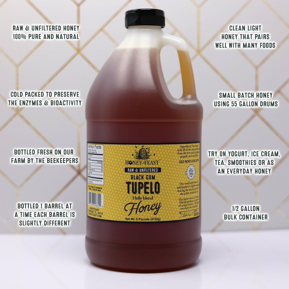 Honey Feast Tupelo Honey - 6lb Black Gum Tupelo & Holly Blend, Raw Honey Bulk, Pure Honey