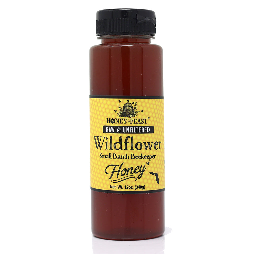 Honey Feast Wildflower Honey 12oz - Pure Florida Honey, Raw and Unfiltered, Ideal for Tea, Natural Enzymes & Pollen