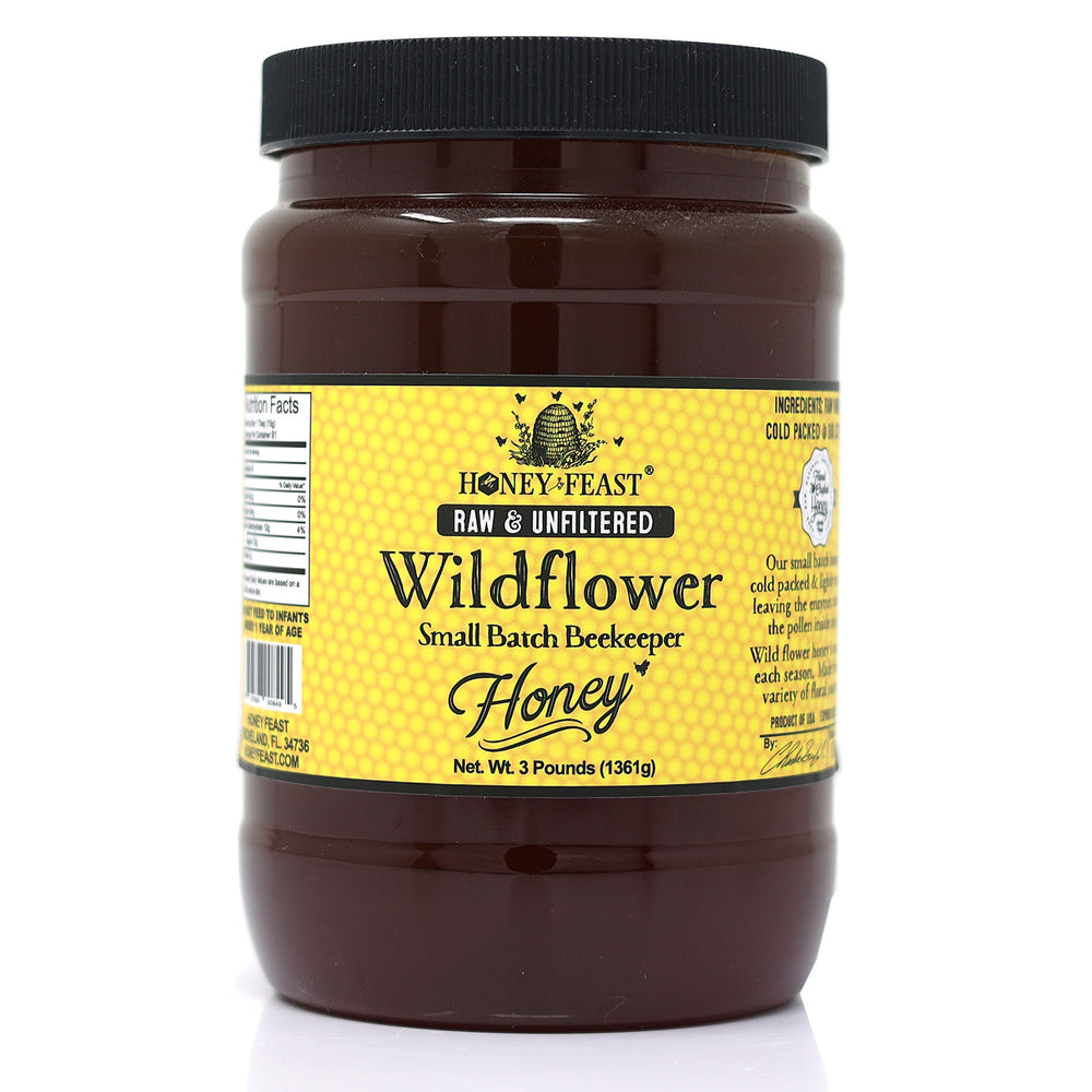 Honey Feast Bulk Wildflower Honey 3lb – Raw Unheated Honey, Ideal for Culinary Use, Naturally Unfiltered with a Symphony of Floral Notes
