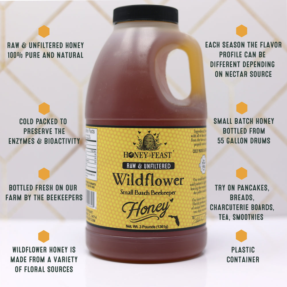 Honey Feast Bulk Wildflower Honey 3lb – Raw Unheated Honey, Ideal for Culinary Use, Naturally Unfiltered with a Symphony of Floral Notes