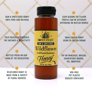 Honey Feast Wildflower Honey 12oz - Pure Florida Honey, Raw and Unfiltered, Ideal for Tea, Natural Enzymes & Pollen