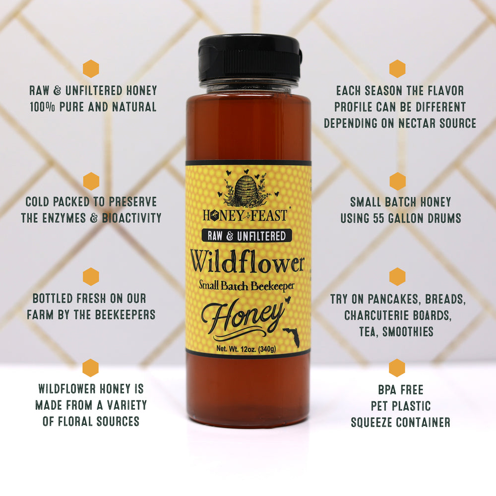 Honey Feast Wildflower Honey 6-Pack 12oz Each - Raw Honey Multipack, Naturally Unfiltered, Perfect for Tea and Kitchen Use