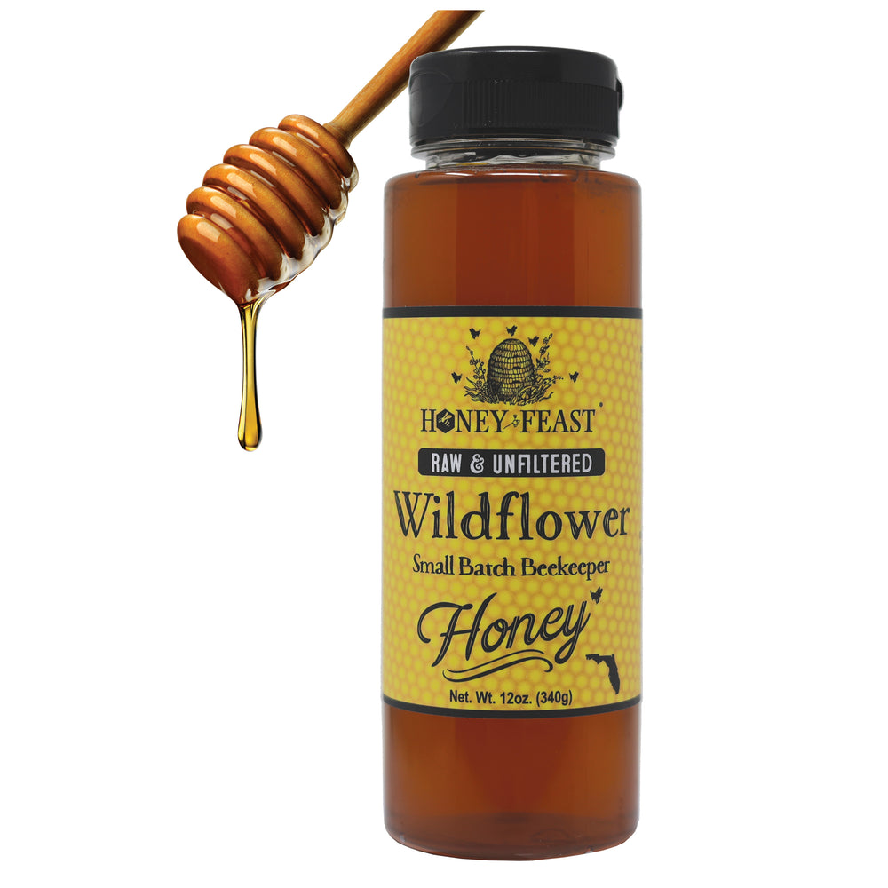 Honey Feast Wildflower Honey 12oz - Pure Florida Honey, Raw and Unfiltered, Ideal for Tea, Natural Enzymes & Pollen